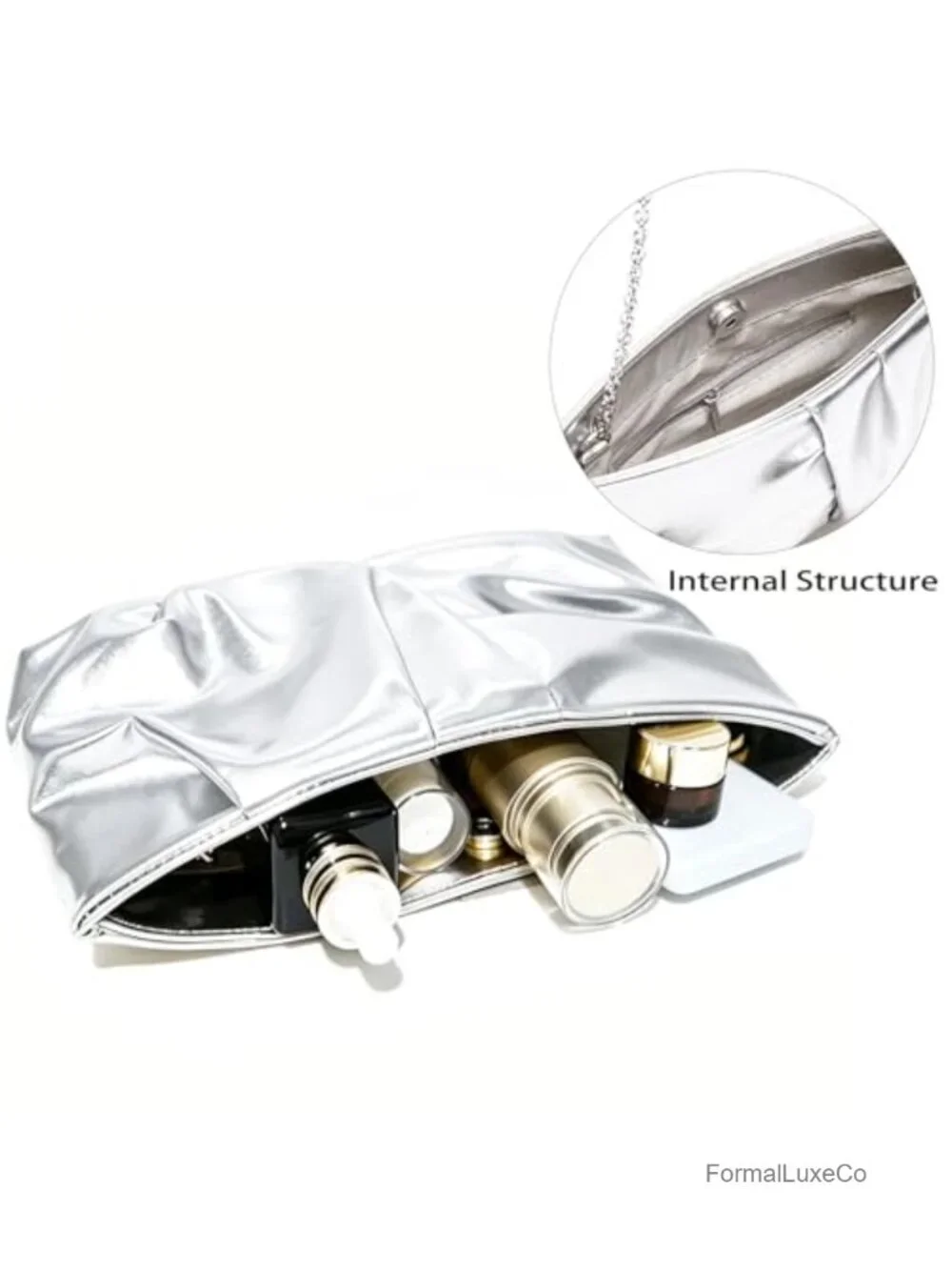 Ruched PU Leather Pleated Clutch with Gold Chain Strap